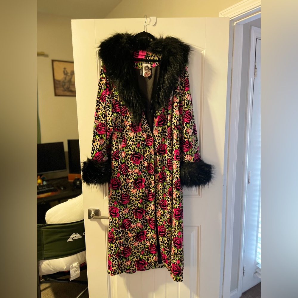 Torrid Leopard Print and Pink Floral Coat with Black Faux Fur